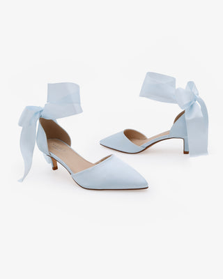 Light Blue Satin Pointy Toe Kitten Low Heel with Wrapped Satin Ribbon Tie
