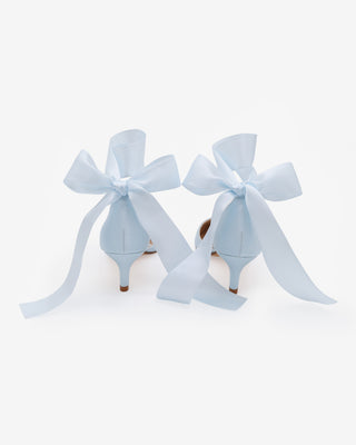Light Blue Satin Pointy Toe Kitten Low Heel with Wrapped Satin Ribbon Tie