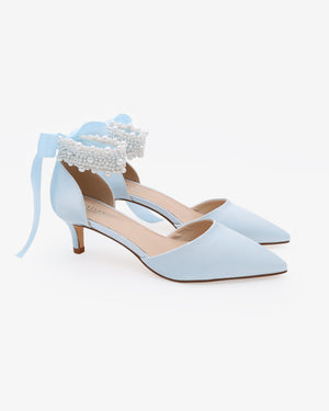 Satin Pointy Toe Kitten Low Heel with Perla Ankle Strap