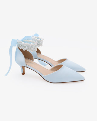 Light Blue Satin Pointy Toe Kitten Low Heel with Perla Ankle Strap