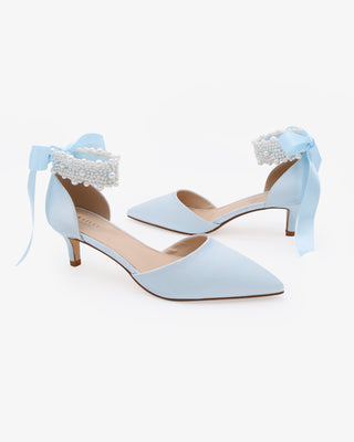 Light Blue Satin Pointy Toe Kitten Low Heel with Perla Ankle Strap