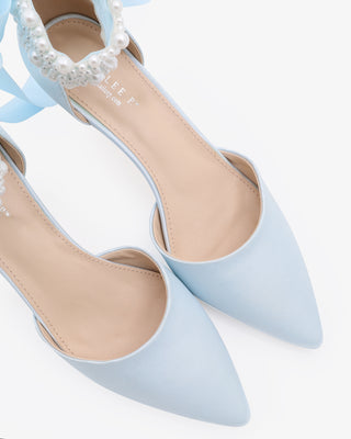 Light Blue Satin Pointy Toe Kitten Low Heel with Perla Ankle Strap