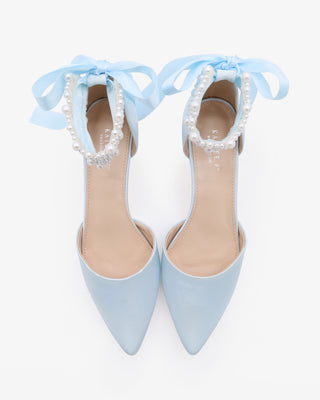 Light Blue Satin Pointy Toe Kitten Low Heel with Perla Ankle Strap