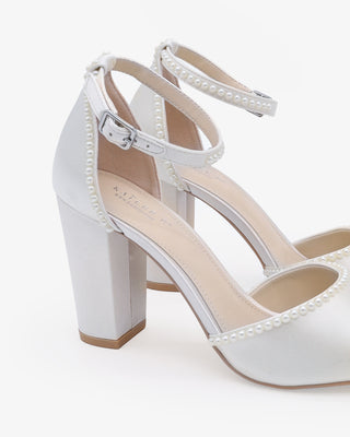 Satin Block Heel Wedding Sandals with Mini PearlsWomen Shoes