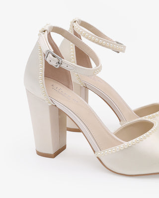 Satin Block Heel Wedding Sandals with Mini PearlsWomen Shoes
