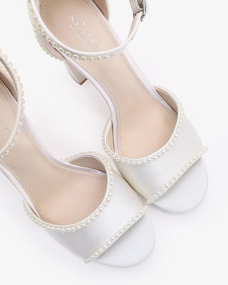 Satin Block Heel Wedding Sandals with Mini PearlsWomen Shoes
