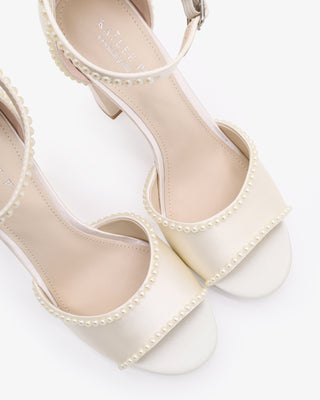 Satin Block Heel Wedding Sandals with Mini PearlsWomen Shoes
