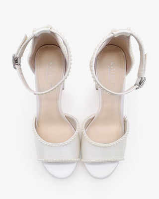 Satin Block Heel Wedding Sandals with Mini PearlsWomen Shoes