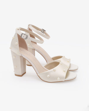 Satin Block Heel Wedding Sandals with Scattered Pearls