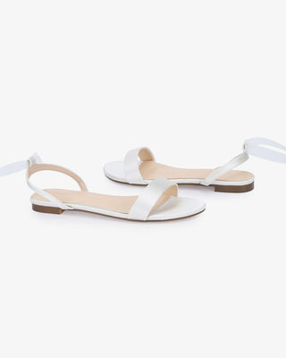 White Girls Satin Flat Sandal with Wrapped Sheer Tie, Flower Girls Shoes