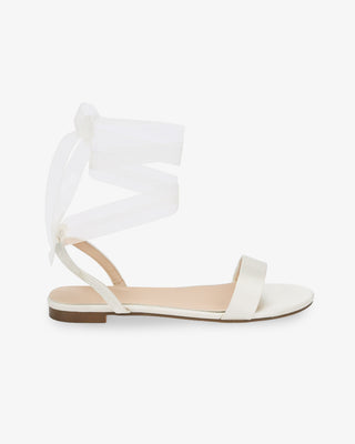 Ivory Girls Satin Flat Sandal with Wrapped Sheer Tie, Flower Girls Shoes