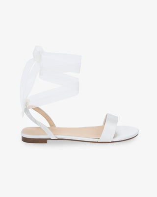 White Girls Satin Flat Sandal with Wrapped Sheer Tie, Flower Girls Shoes
