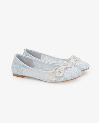 Light Blue Crochet Lace Round Toe Wedding Flats with Small Pearls Applique