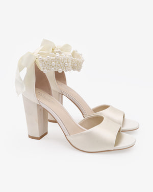 Satin Block Heel Wedding Sandals with Perla Ankle Strap
