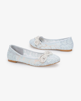 Light Blue Crochet Lace Round Toe Wedding Flats with Small Pearls Applique