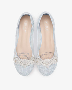 Crochet Lace Round Toe Wedding Flats with Small Pearls Applique