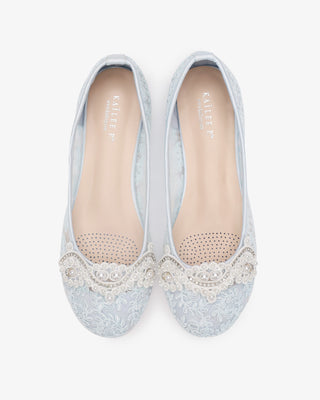 Light Blue Crochet Lace Round Toe Wedding Flats with Small Pearls Applique