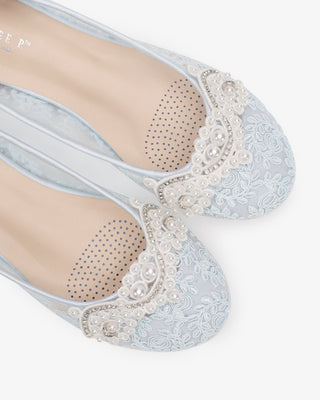 Light Blue Crochet Lace Round Toe Wedding Flats with Small Pearls Applique