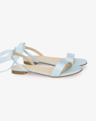 Light Blue Girls Satin Flat Sandal with Wrapped Sheer Tie, Flower Girls Shoes