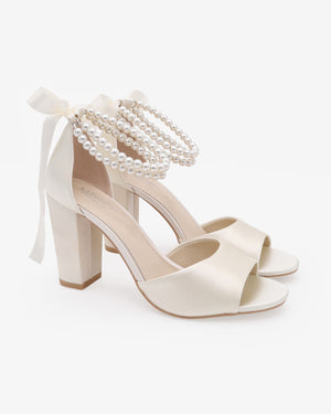 Satin Block Heel Wedding Sandals with Double Pearls Strap