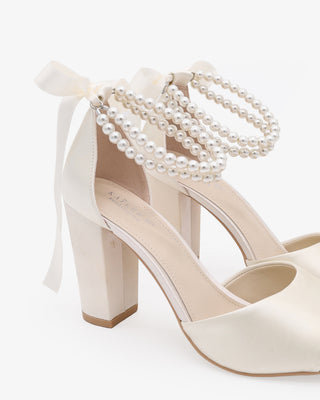 Satin Block Heel Wedding Sandals with Double Pearls Strap