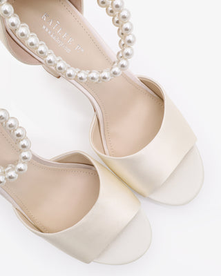 Satin Block Heel Wedding Sandals with Double Pearls Strap