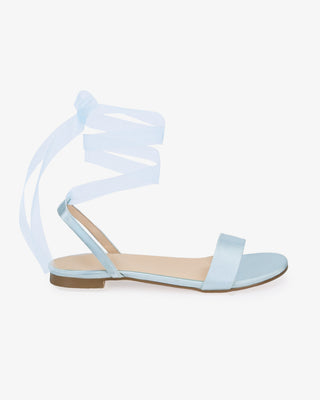 Light Blue Girls Satin Flat Sandal with Wrapped Sheer Tie, Flower Girls Shoes
