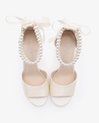 Satin Block Heel Wedding Sandals with Double Pearls Strap