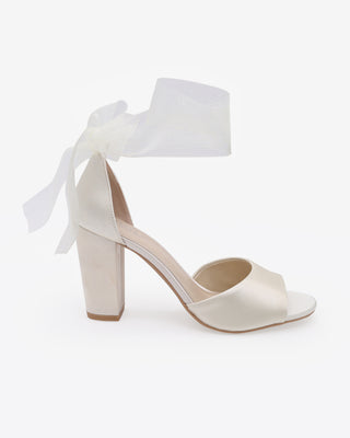 Ivory Satin Block Heel Wedding Sandals with Wrapped Sheer Ribbon Tie