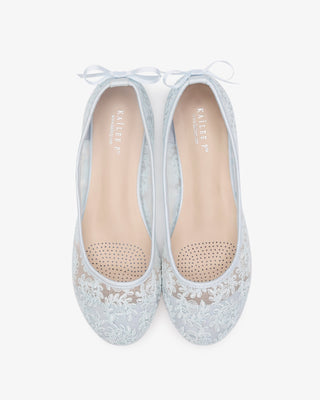 Light Blue Crochet Lace Round Toe Wedding Flats with Back Dainty Bow