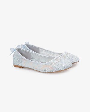 Light Blue Crochet Lace Round Toe Wedding Flats with Back Dainty Bow
