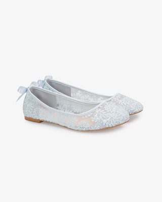 Light Blue Crochet Lace Round Toe Wedding Flats with Back Dainty Bow