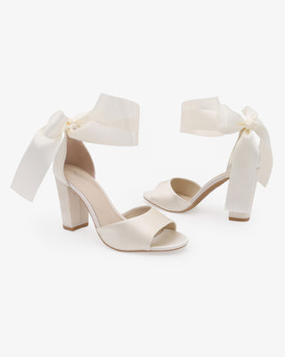 Satin Block Heel Wedding Sandals with Wrapped Ribbon Tie