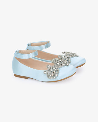 Light Blue Satin Ballet Girls Flats with Small Rhinestones Applique