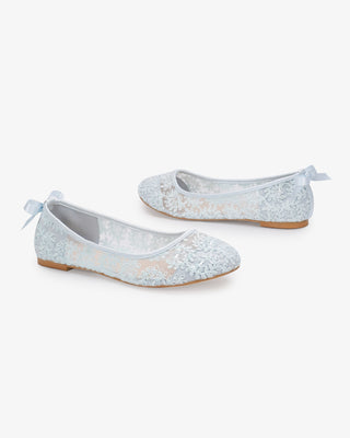 Light Blue Crochet Lace Round Toe Wedding Flats with Back Dainty Bow