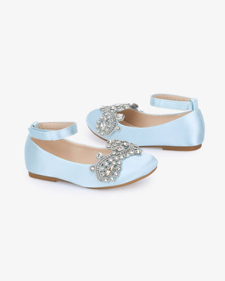 Light Blue Satin Ballet Girls Flats with Small Rhinestones Applique