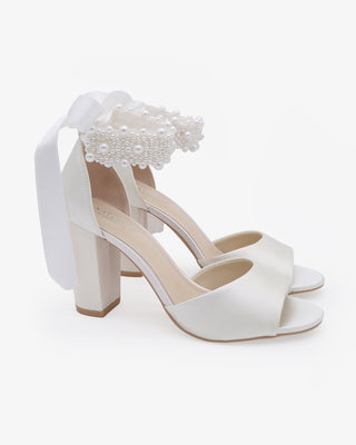 White Satin Block Heel Wedding Sandals with Perla Ankle Strap