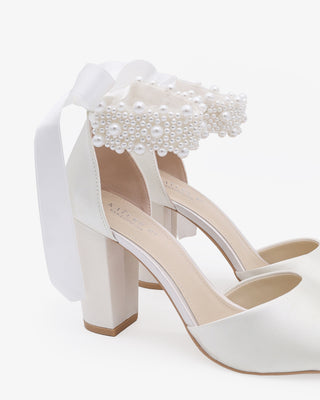 White Satin Block Heel Wedding Sandals with Perla Ankle Strap