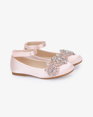 Dusty Pink Satin Ballet Girls Flats with Small Rhinestones Applique