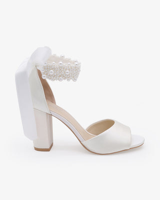 White Satin Block Heel Wedding Sandals with Perla Ankle Strap