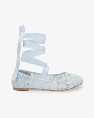 Light Blue Crochet Lace Wedding Flats with Satin Ballerina Lace Up