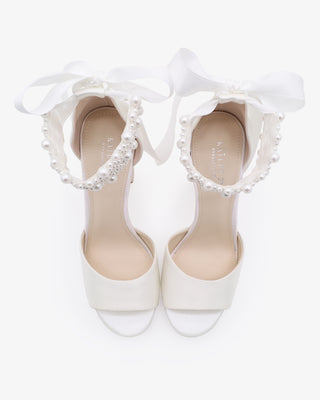 White Satin Block Heel Wedding Sandals with Perla Ankle Strap