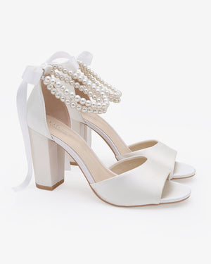Satin Block Heel Wedding Sandals with Double Pearls Strap