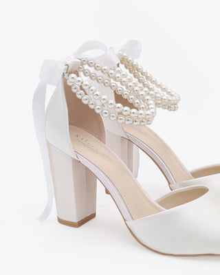 White Satin Block Heel Wedding Sandals with Double Pearls Strap