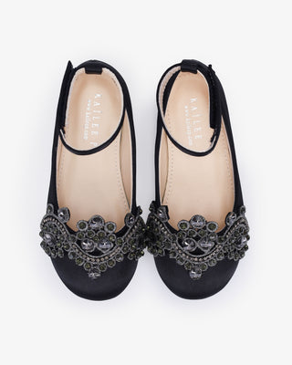 Black Satin Ballet Girls Flats with Small Rhinestones Applique