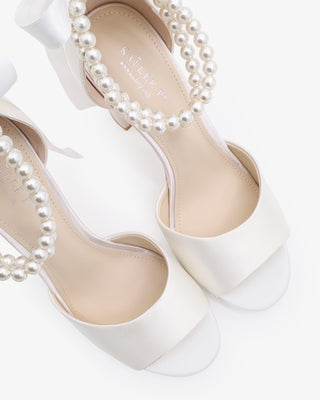 White Satin Block Heel Wedding Sandals with Double Pearls Strap
