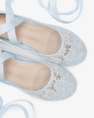 Light Blue Crochet Lace Wedding Flats with Satin Ballerina Lace Up