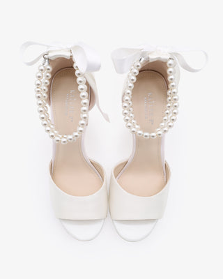 White Satin Block Heel Wedding Sandals with Double Pearls Strap