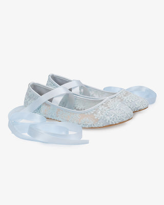 Light Blue Crochet Lace Wedding Flats with Satin Ballerina Lace Up
