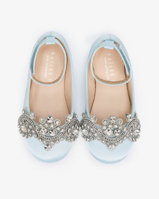 Light Blue Satin Ballet Girls Flats with Small Rhinestones Applique